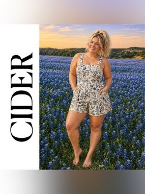 Cider Cream & Blue Cottagecore Floral Corduroy Overalls Romper, 3X, NWT!